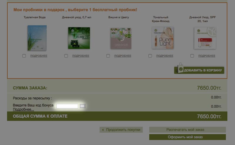 Куда вводить код бонуса при оформении заказа на Ив Роше Казахстан